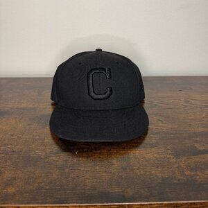 Cleveland Indians MLB Baseball New Era Hat Cap 7 1/4 Mono All Black Genuine